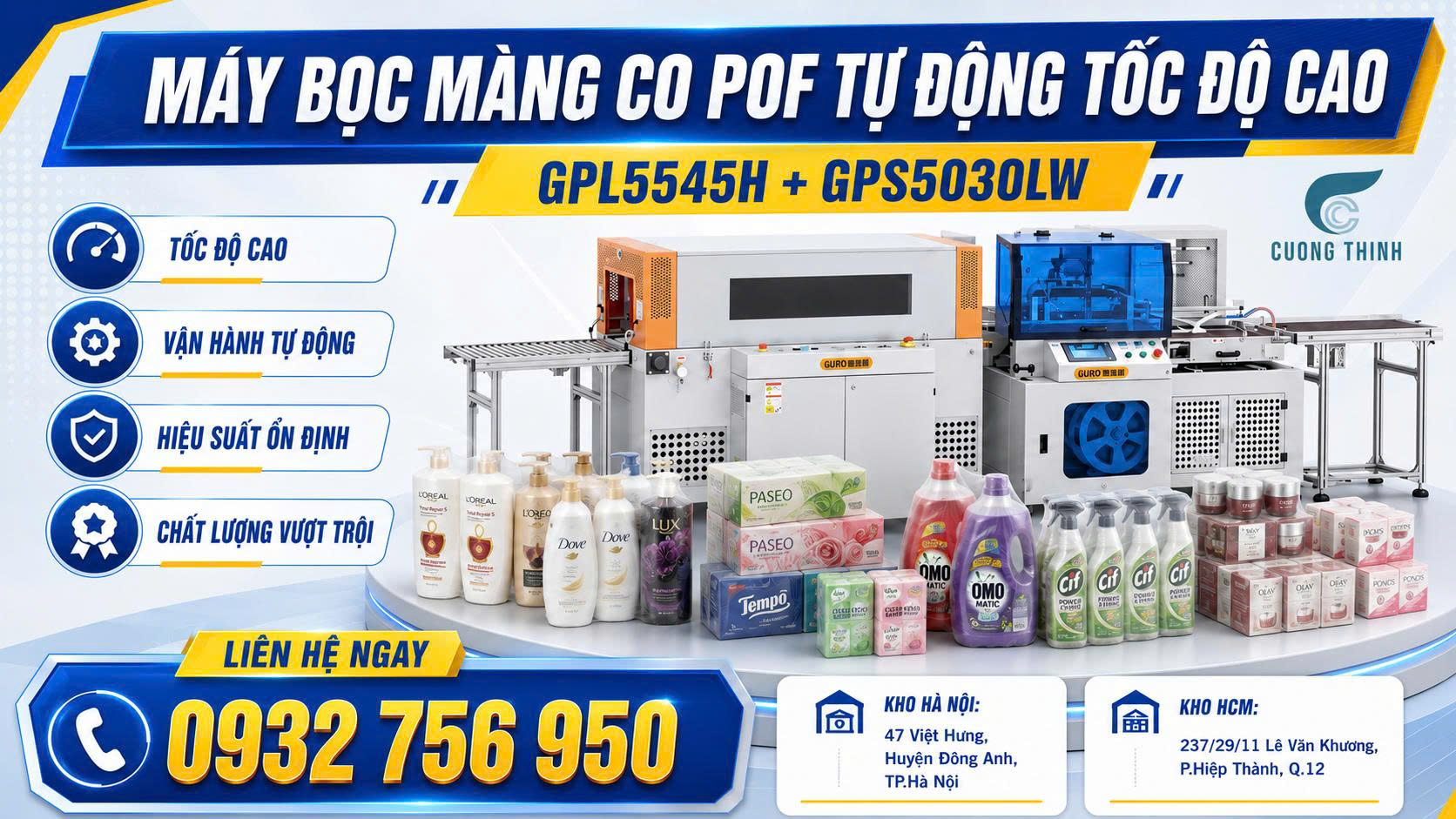 MÁY BỌC MÀNG CO POF TỰ ĐỘNG TỐC ĐỘ CAO GPL5545H + GPS5030LW