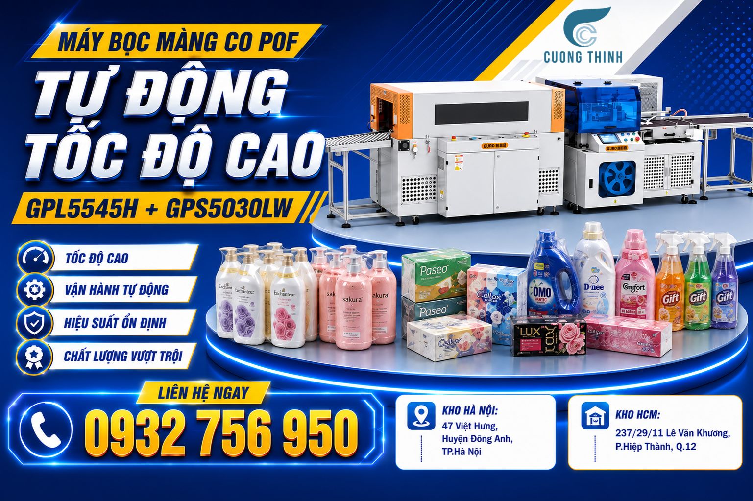 MÁY BỌC MÀNG CO POF TỰ ĐỘNG TỐC ĐỘ CAO GPL5545H + GPS5030LW