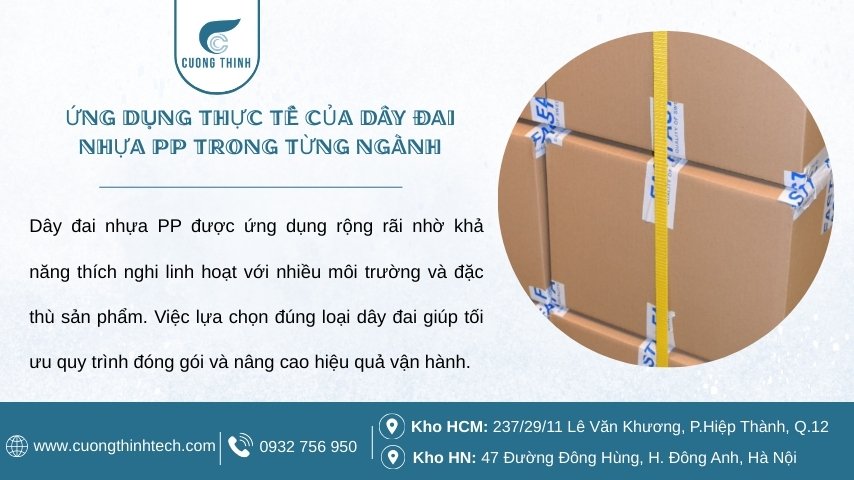 Dây đai nhựa PP được ứng dụng rộng rãi nhờ khả năng thích nghi linh hoạt với nhiều môi trường và đặc thù sản phẩm.