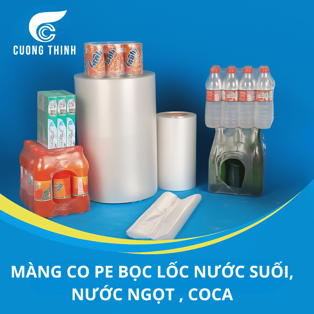 màng co PE bọc lốc nước suối, nước ngọt, coca