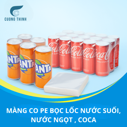 màng co PE bọc lốc nước suối, nước ngọt, coca