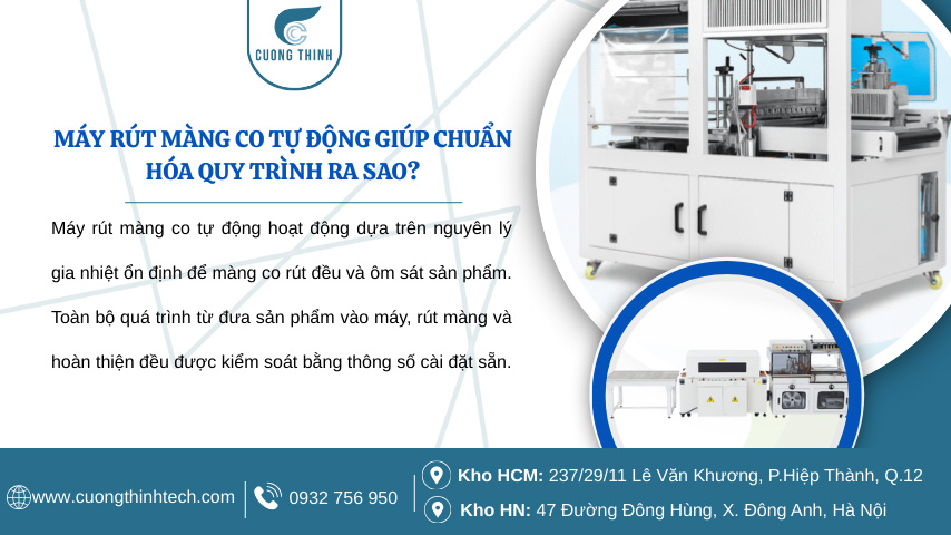 Máy rút màng co tự động - Toàn bộ quá trình từ đưa sản phẩm vào máy, rút màng và hoàn thiện đều được kiểm soát bằng thông số cài đặt sẵn.