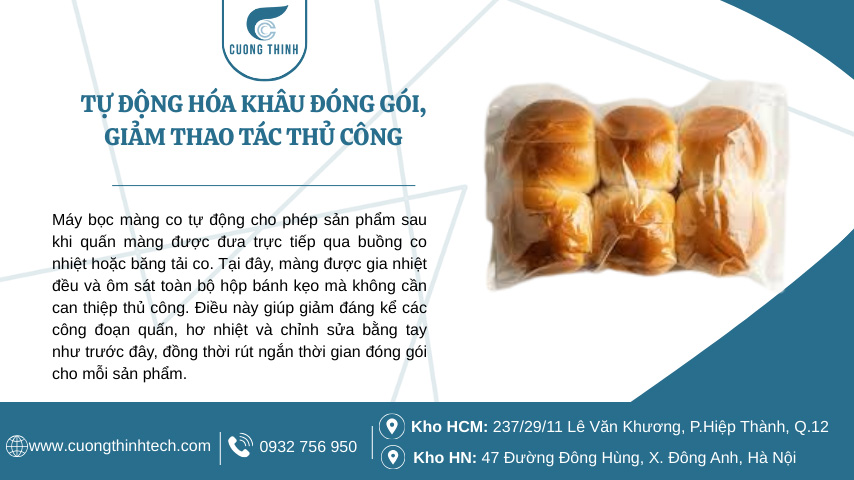 Máy bọc màng co tự động bọc hộp bánh kẹo - Máy bọc màng co tự động cho phép sản phẩm sau khi quấn màng được đưa trực tiếp qua buồng co nhiệt hoặc băng tải co.
