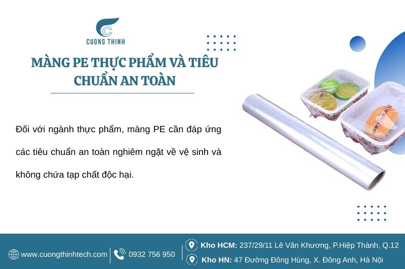 Màng nhựa PE - Đối với ngành thực phẩm, màng PE cần đáp ứng các tiêu chuẩn an toàn nghiêm ngặt về vệ sinh và không chứa tạp chất độc hại.