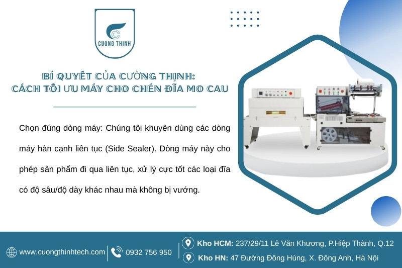 Máy bọc màng co tự động cho chén đĩa mo cau - Áp dụng kinh nghiệm Cường Thịnh Tech – nâng cao chất lượng và hiệu quả đóng gói.