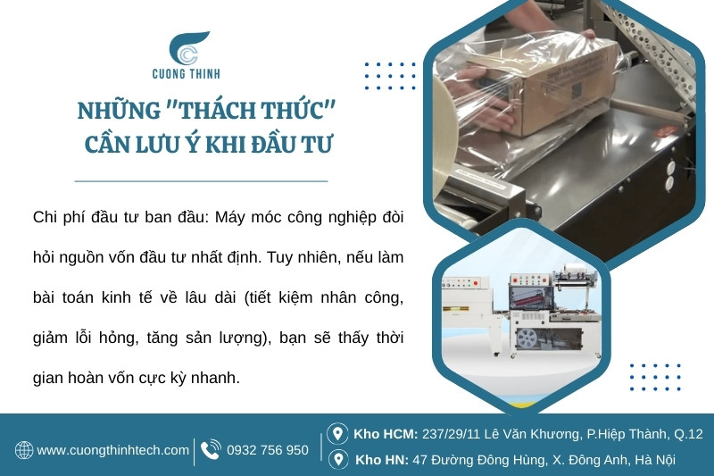 Máy bọc màng co tự động cho chén đĩa mo cau - Đầu tư máy bọc màng co – cần cân nhắc chi phí, diện tích và đào tạo kỹ thuật để vận hành hiệu quả.