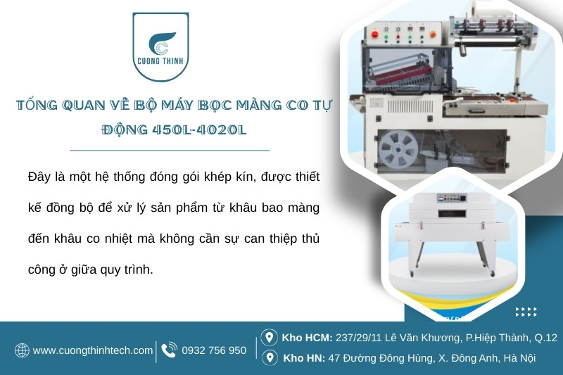 Bộ máy bọc màng co POF tự động chữ L 450L-4020L - Sự kết hợp giữa 450L và 4020L tạo thành một dây chuyền tự động hóa 100%