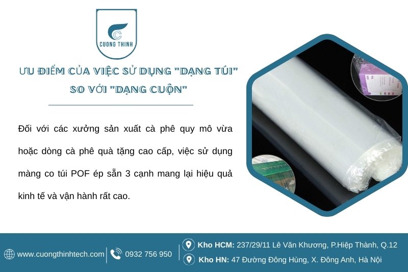 Màng co túi POF bọc hộp cà phê - Túi cắt sẵn tối ưu quy trình, giảm phụ thuộc máy móc
