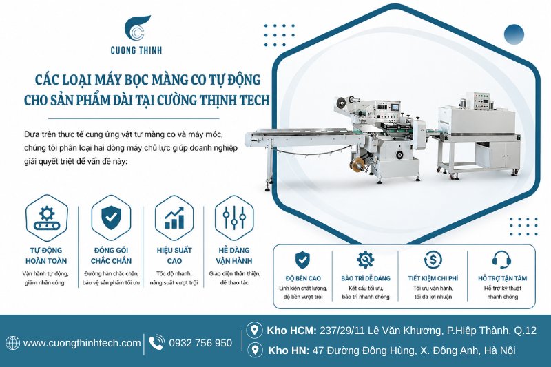 Các loại máy bọc màng co tự động cho sản phẩm dài tại Cường Thịnh Tech
