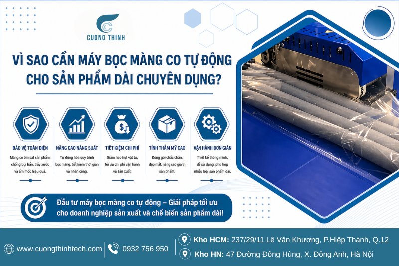 Vì sao cần máy bọc màng co tự động cho sản phẩm dài chuyên dụng