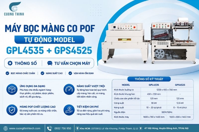 MÁY BỌC MÀNG CO POF TỰ ĐỘNG MODEL GPL4535 + GPS4525_ Thông số và tư vấn chọn máy