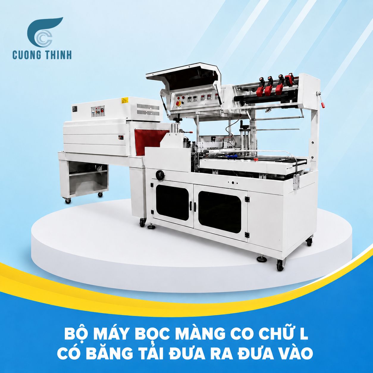 Bộ máy bọc màng co chữ L có băng tải đưa ra đưa vào