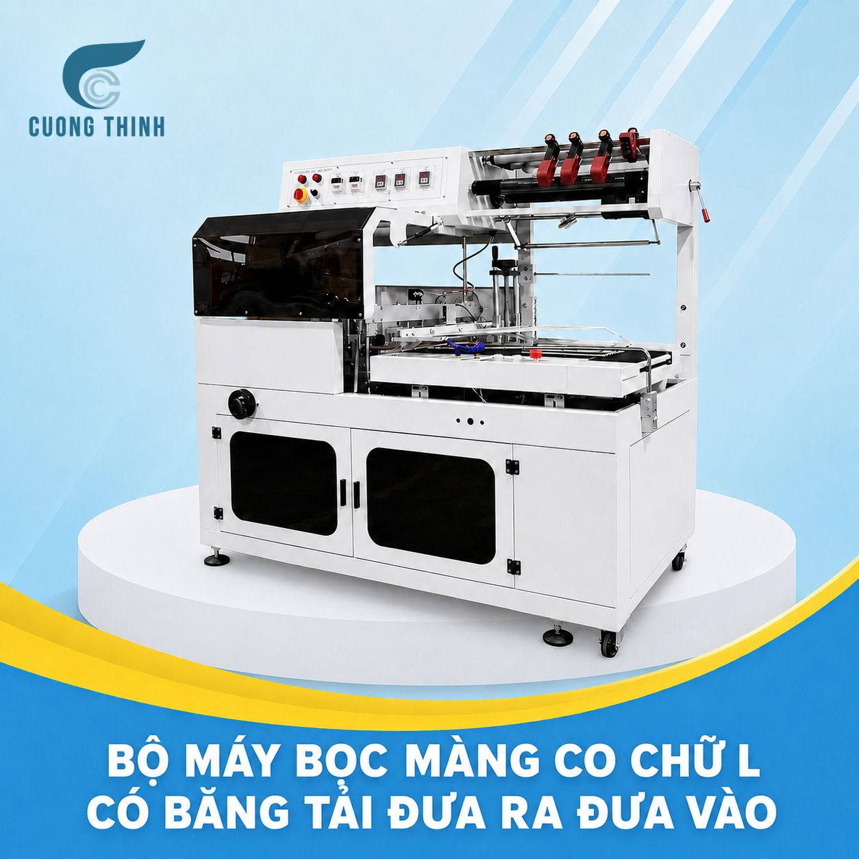 Bộ máy bọc màng co chữ L có băng tải đưa ra đưa vào Bộ máy bọc màng co chữ L có băng tải đưa ra đưa vào