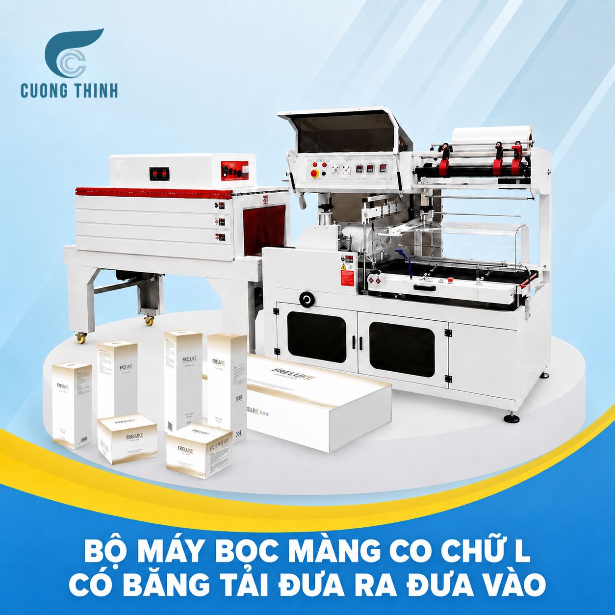 Bộ máy bọc màng co chữ L có băng tải đưa ra đưa vào
