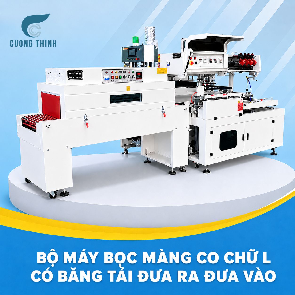 Bộ máy bọc màng co chữ L có băng tải đưa ra đưa vào Bộ máy bọc màng co chữ L có băng tải đưa ra đưa vào