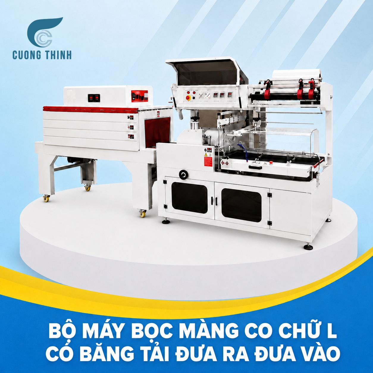 Bộ máy bọc màng co chữ L có băng tải đưa ra đưa vào Bộ máy bọc màng co chữ L có băng tải đưa ra đưa vào