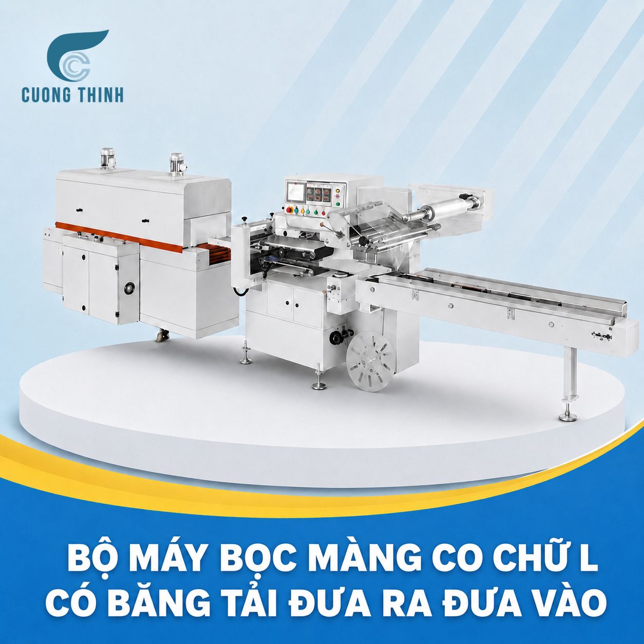 Bộ máy bọc màng co chữ L có băng tải đưa ra đưa vào Bộ máy bọc màng co chữ L có băng tải đưa ra đưa vào