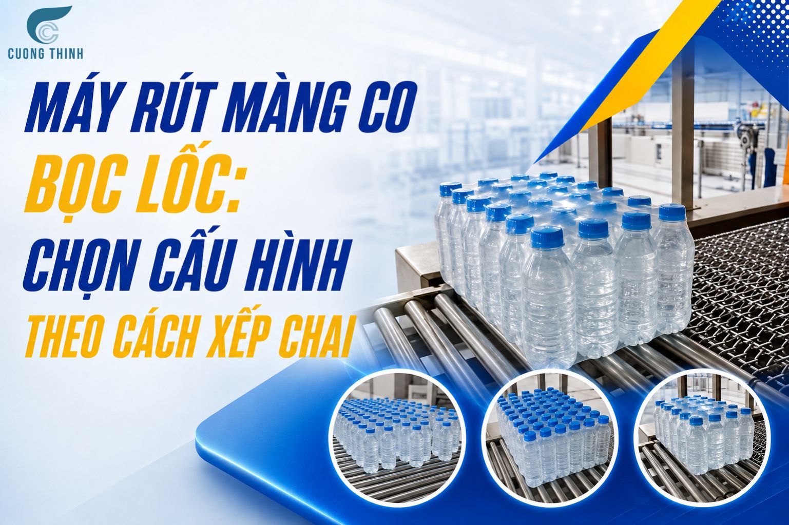 Băng tải máy rút màng co đang tải nhiều lốc chai cùng lúc