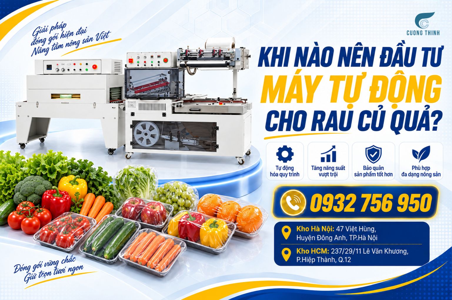Khay cà chua, dưa leo, cà rốt và trái cây đã bọc màng co bằng máy tự động