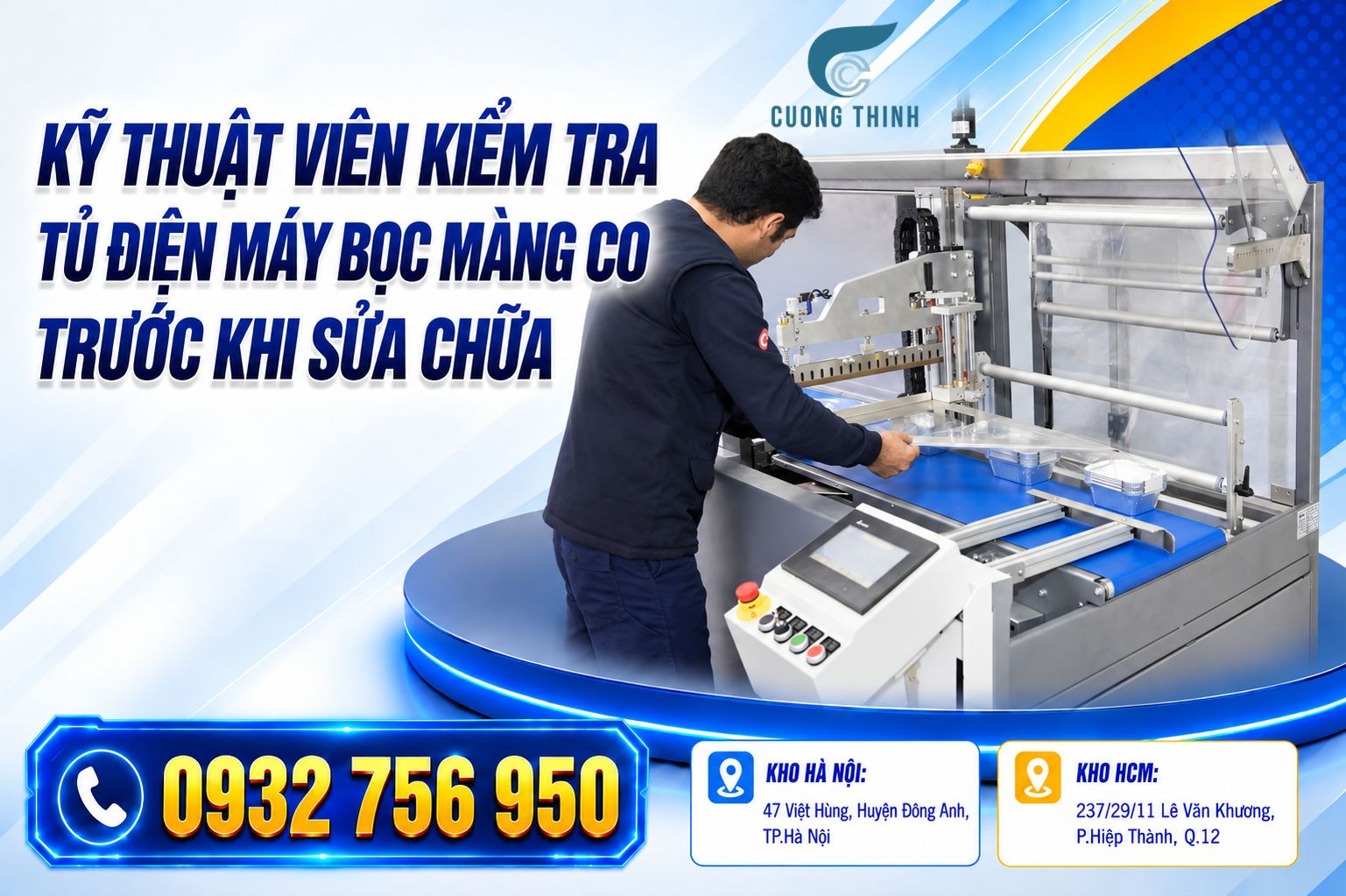Kỹ thuật viên kiểm tra tủ điện máy bọc màng co trước khi sửa chữa