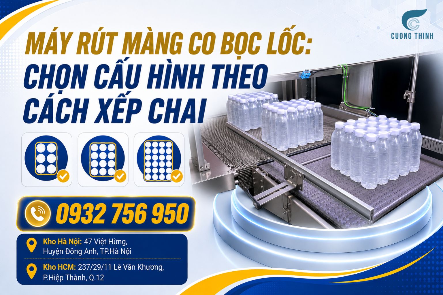 Lốc chai nước sau khi bọc màng co trên băng tải máy rút màng co