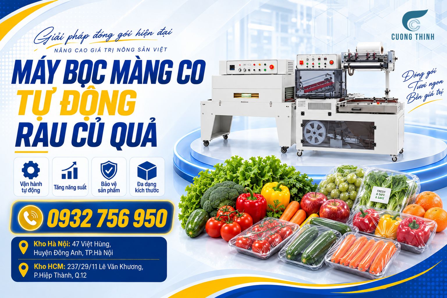 Máy bọc màng co tự động cùng rau củ quả đóng khay đã bọc màng co