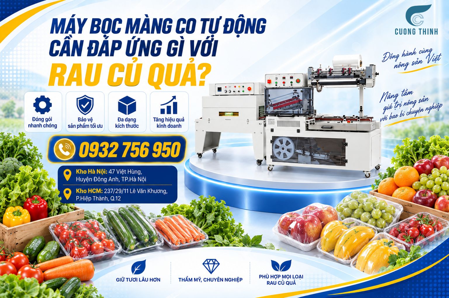 Máy hàn cắt chữ L và buồng co nhiệt bọc màng co cho khay rau củ quả